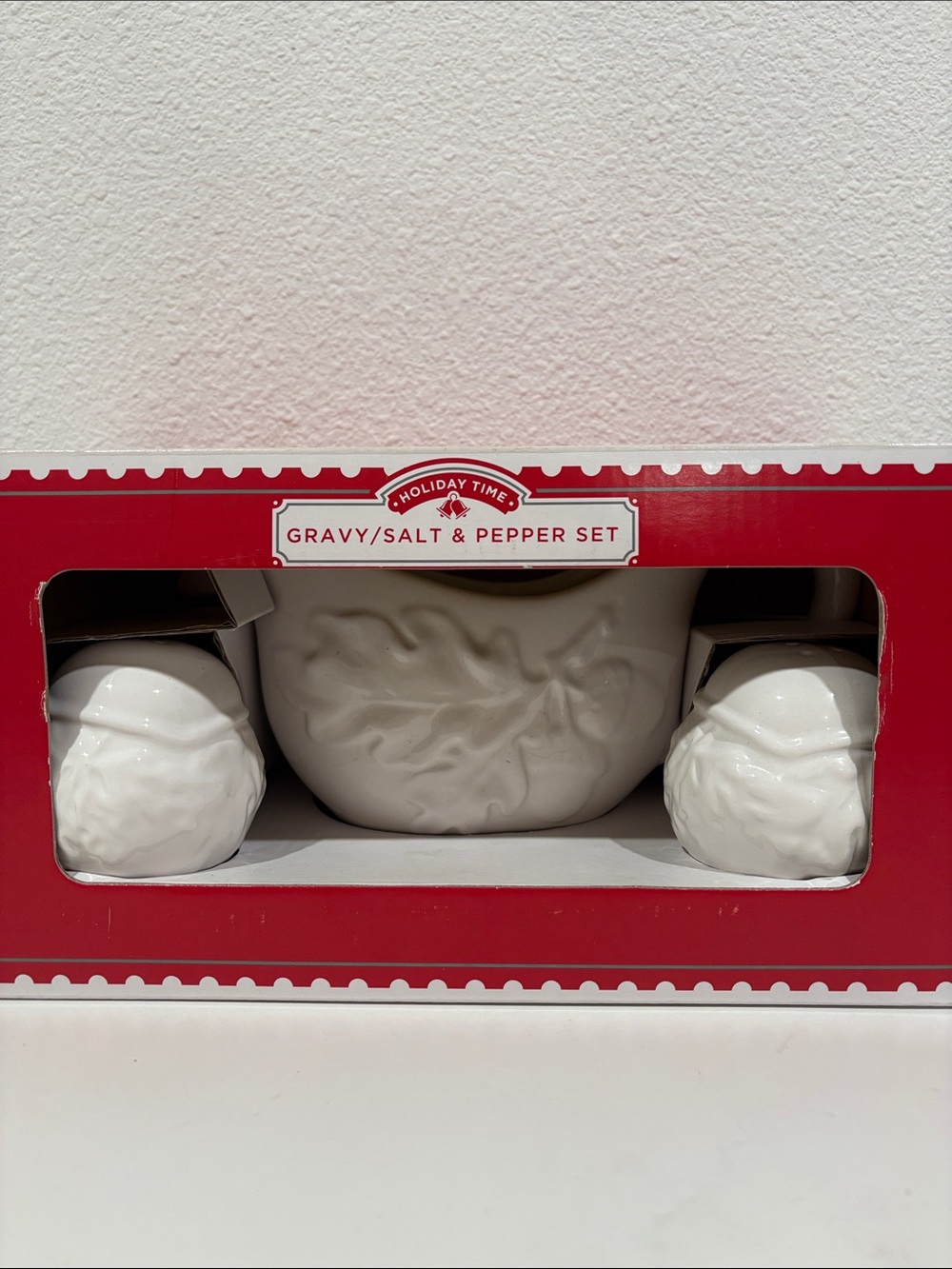 Holiday Time White Ceramic Gravy & Salt & Pepper Set